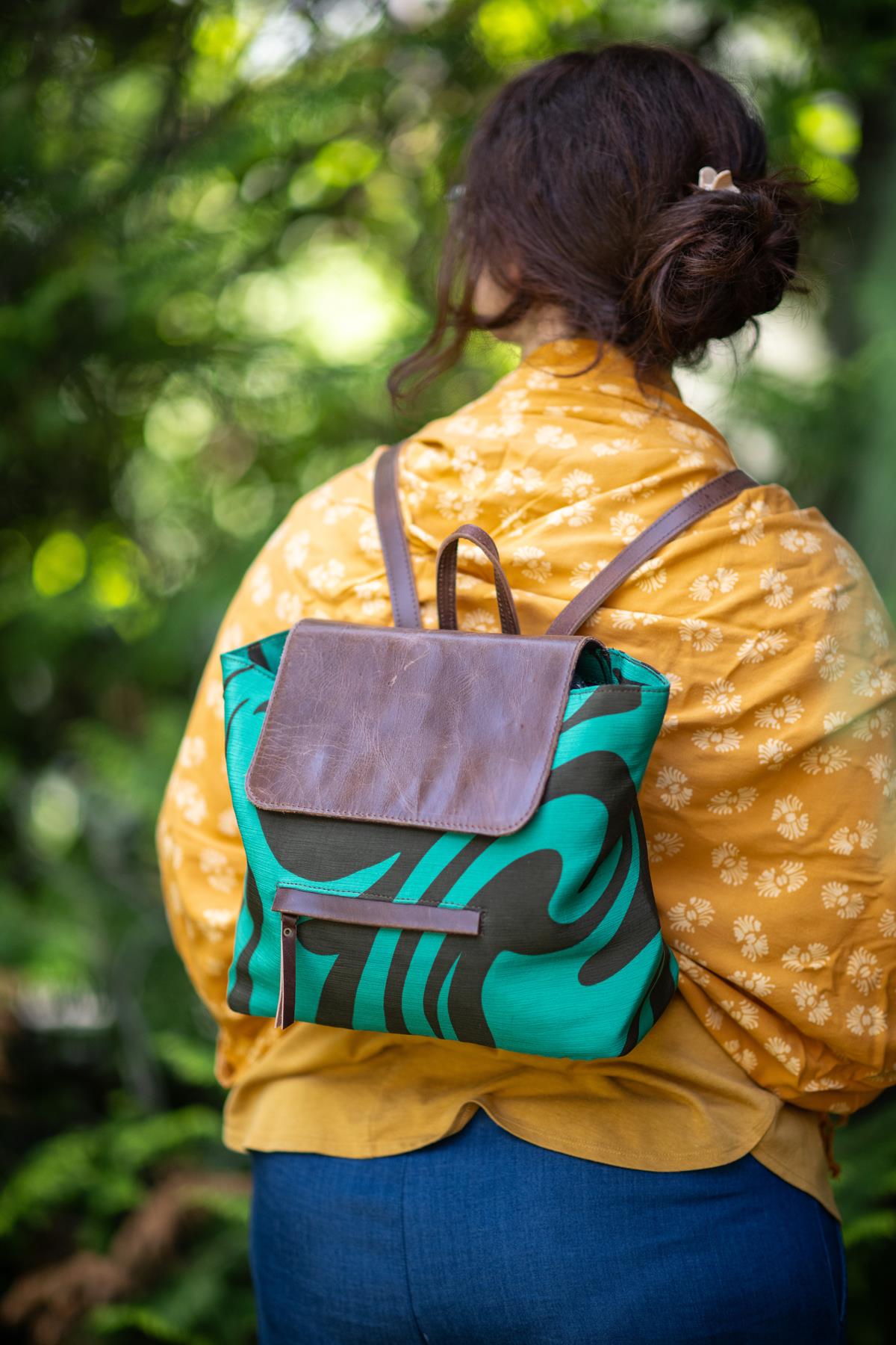 Kimala Zaino in tessuto stampato con inserti in pelle - Marrone, Verde (28x25x10 cm)