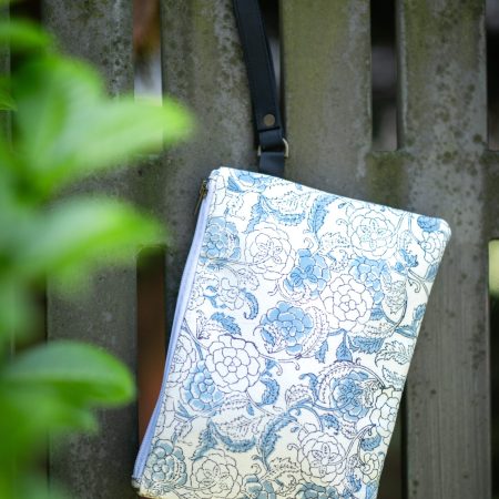 Pochette in cotone medio Anoki – Azzurro con manico in ecopelle