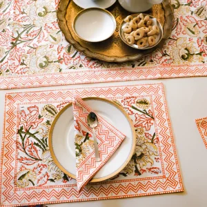 Set Tovagliette Block Print Rangoli – Cotone Naturale 48x32 cm con Tovaglioli Coordinati 40x40 cm