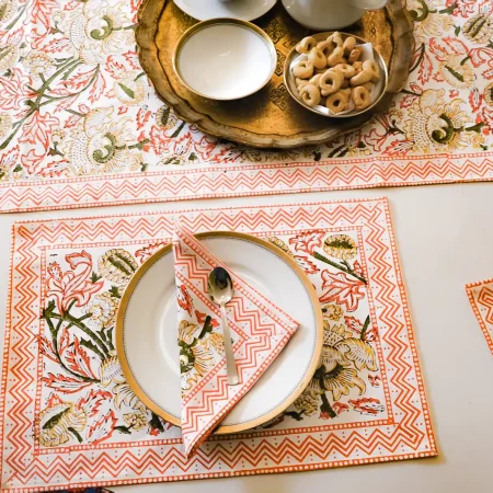 Set Tovagliette Block Print Rangoli – Cotone Naturale 48x32 cm con Tovaglioli Coordinati 40x40 cm