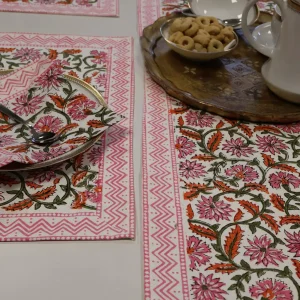 Set Tovagliette Block Print Rangoli – Cotone Naturale 48x32 cm con Tovaglioli Coordinati 40x40 cm